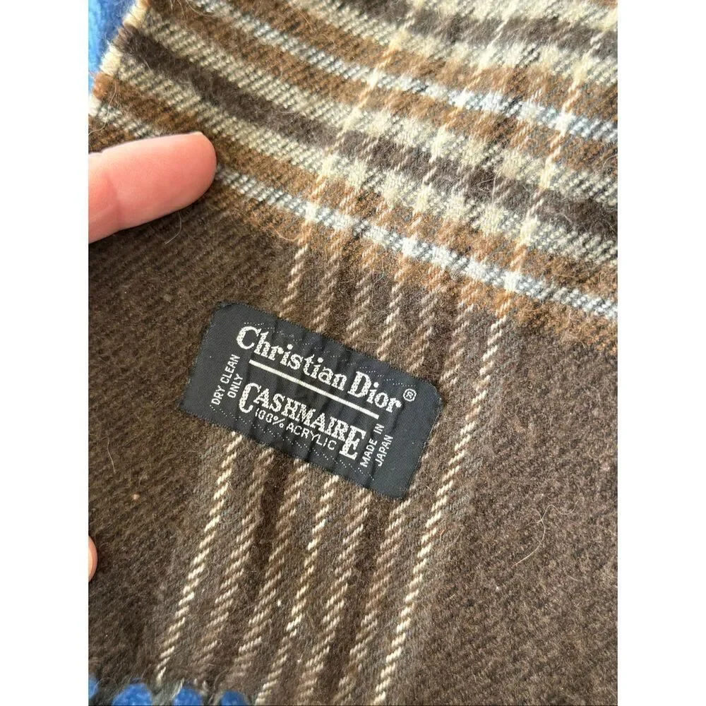 Christian Dior Cashmaire Brown Plaid Fringe Scarf